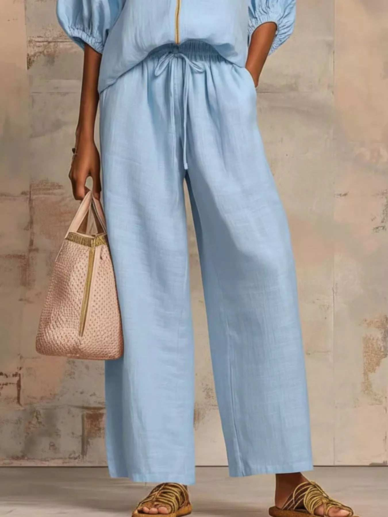 Zip-front top and wide-leg pants set