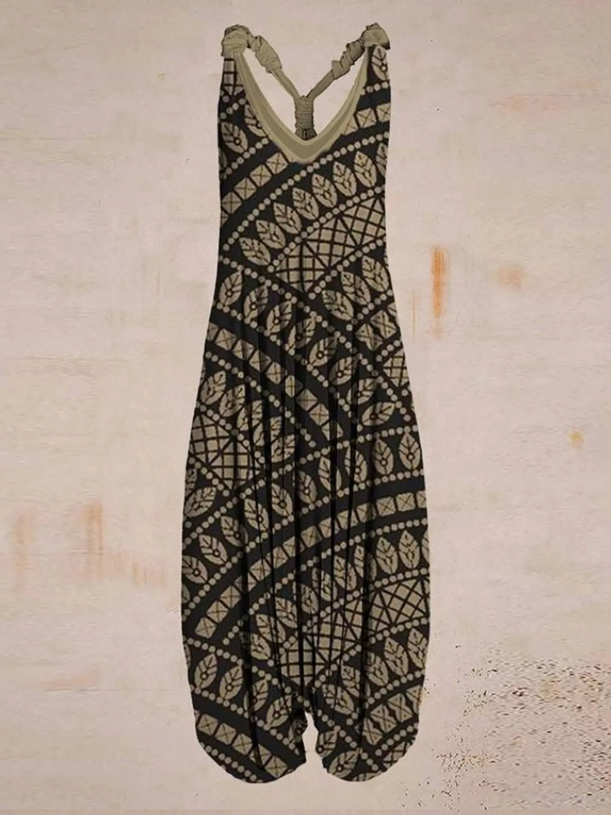 Black geometric-print V-neck sleeveless jumpsuit