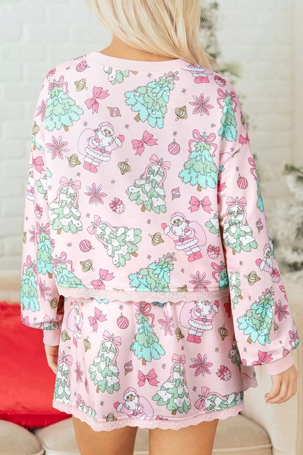 Trendsi Floral Print Lace Trim Long Sleeve Top and Skirt Set -