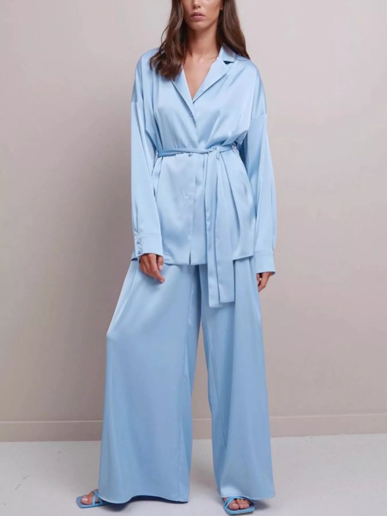 Trendsi Satin Long Sleeve Shirt and Pants Set -
