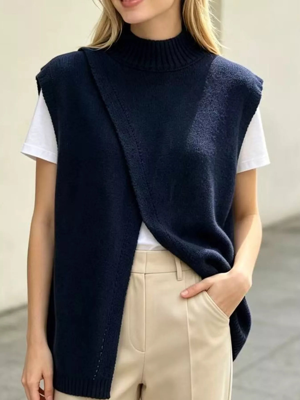 Mock Neck Asymmetrical Hem Knit Sweater Vest in navy