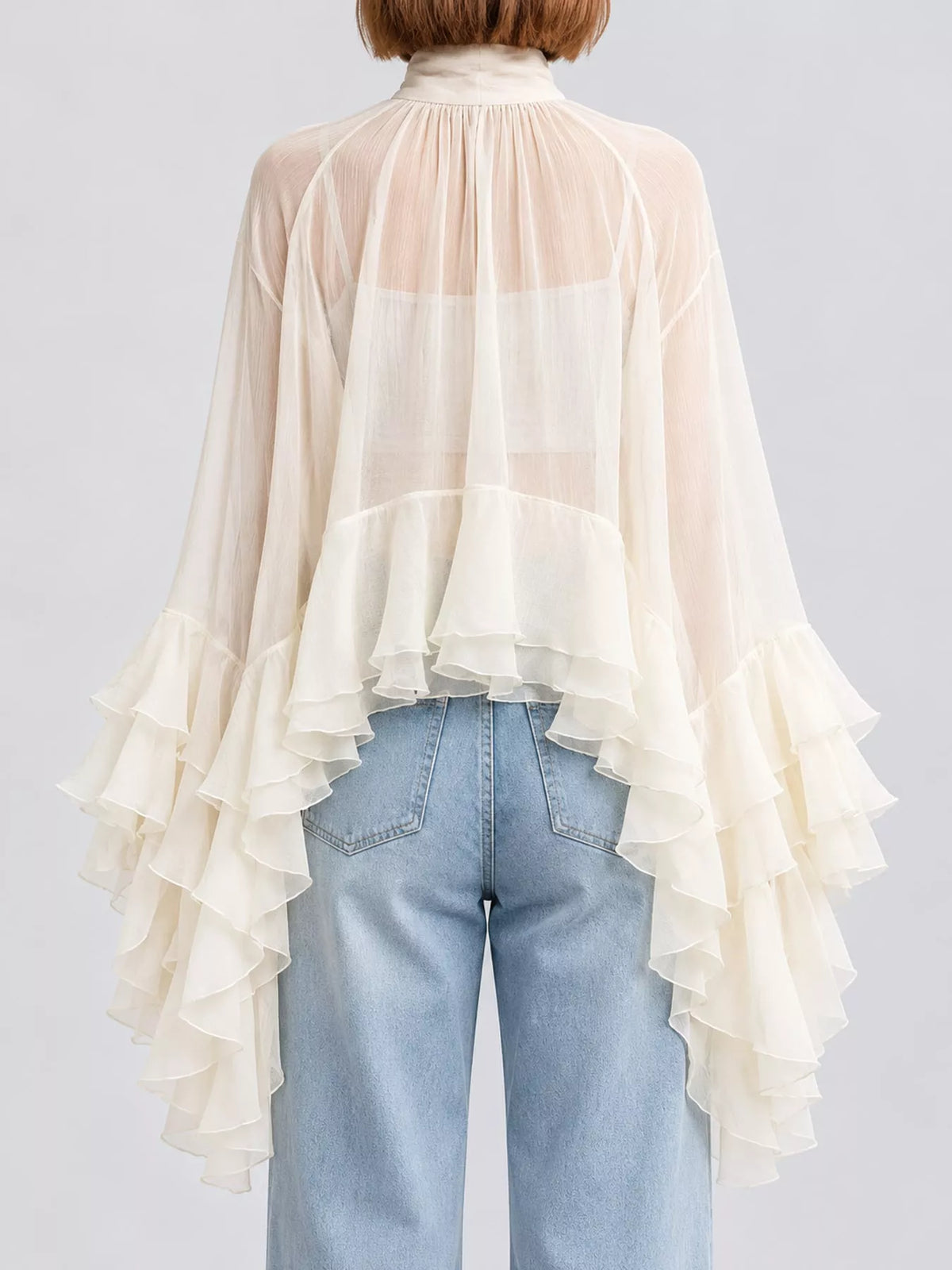 Off-White ruffled turtleneck long sleeve blouse, back view