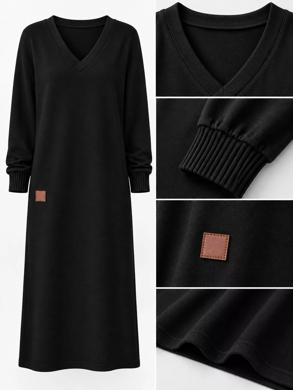 Women's V-Neck Long Sleeve Midi Dress in black — detail collage view