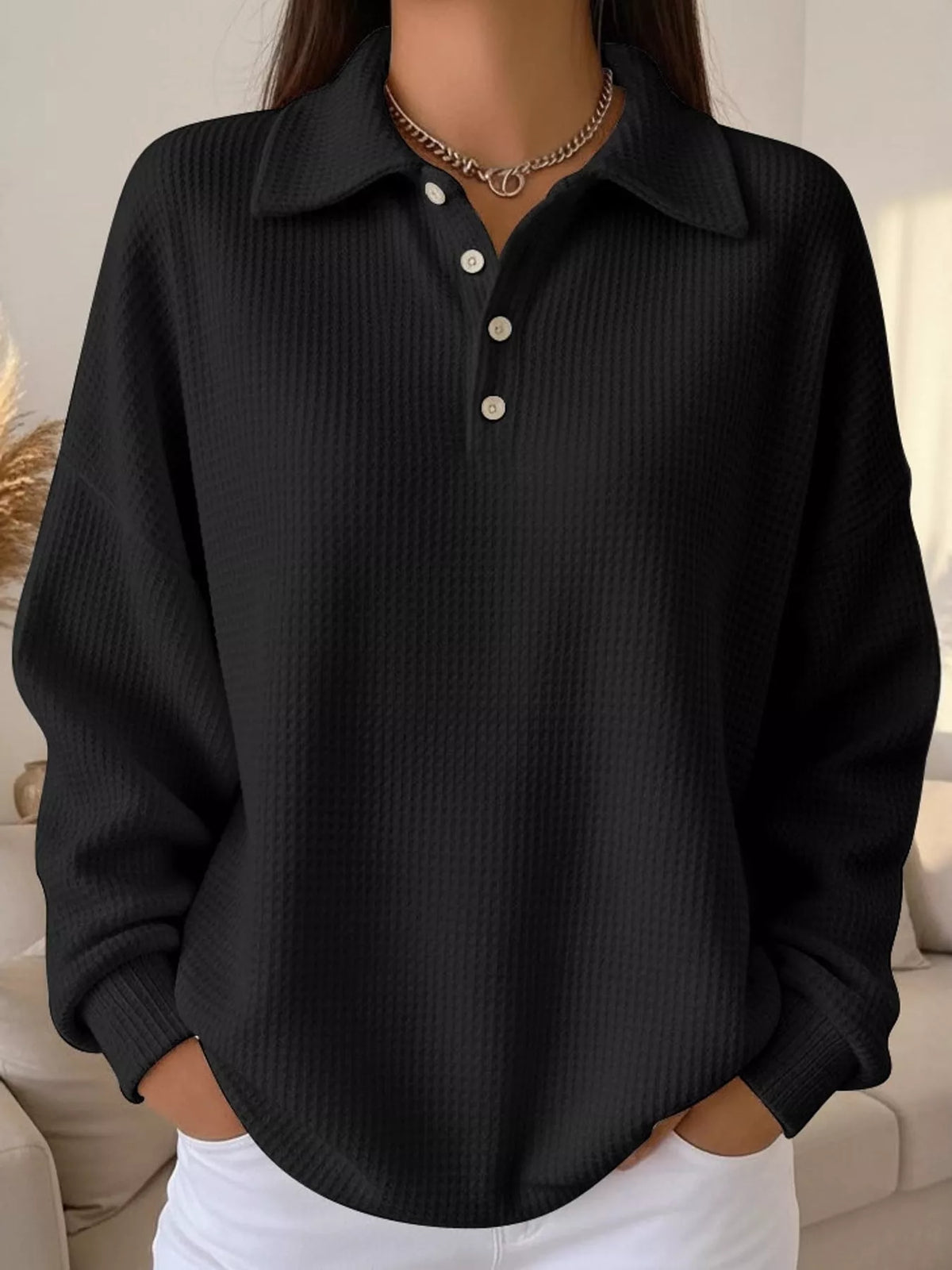 Waffle Knit Quarter-Button Polo T-Shirt — front view