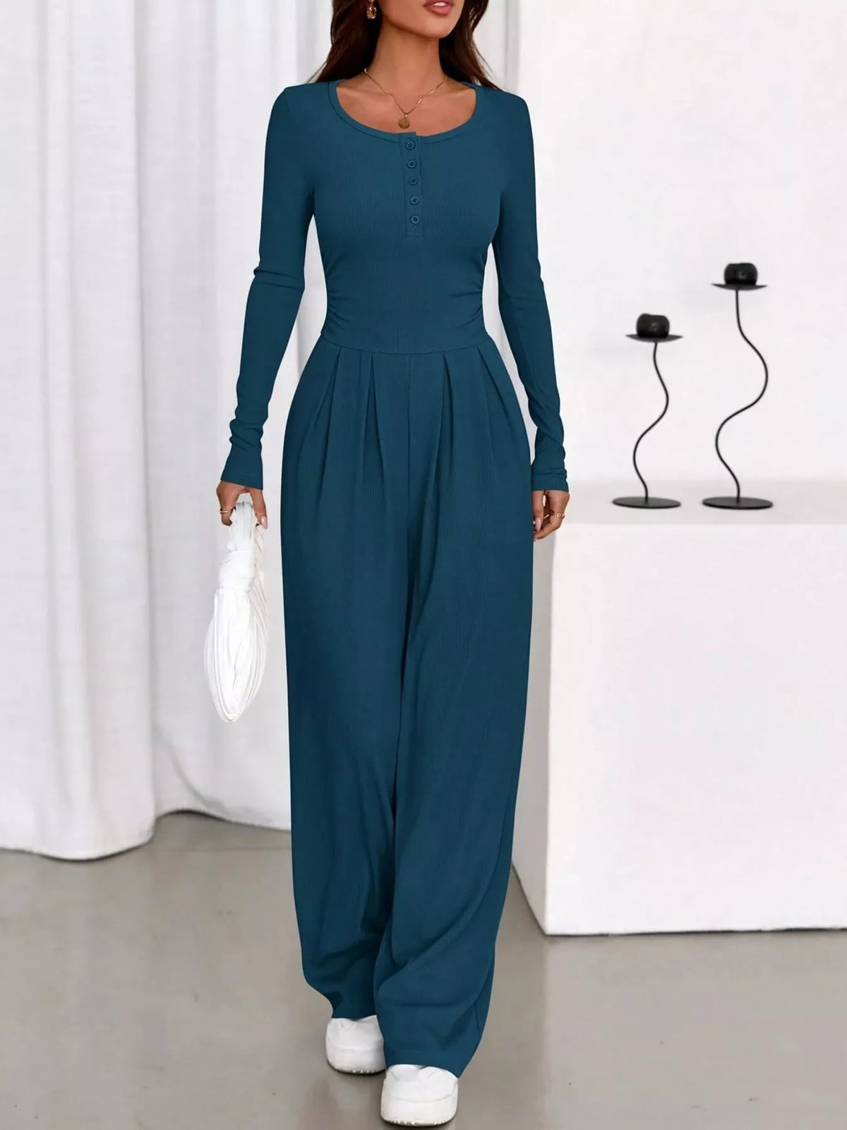 Long Sleeve Ribbed Knit Wide-Leg Jumpsuit — front view