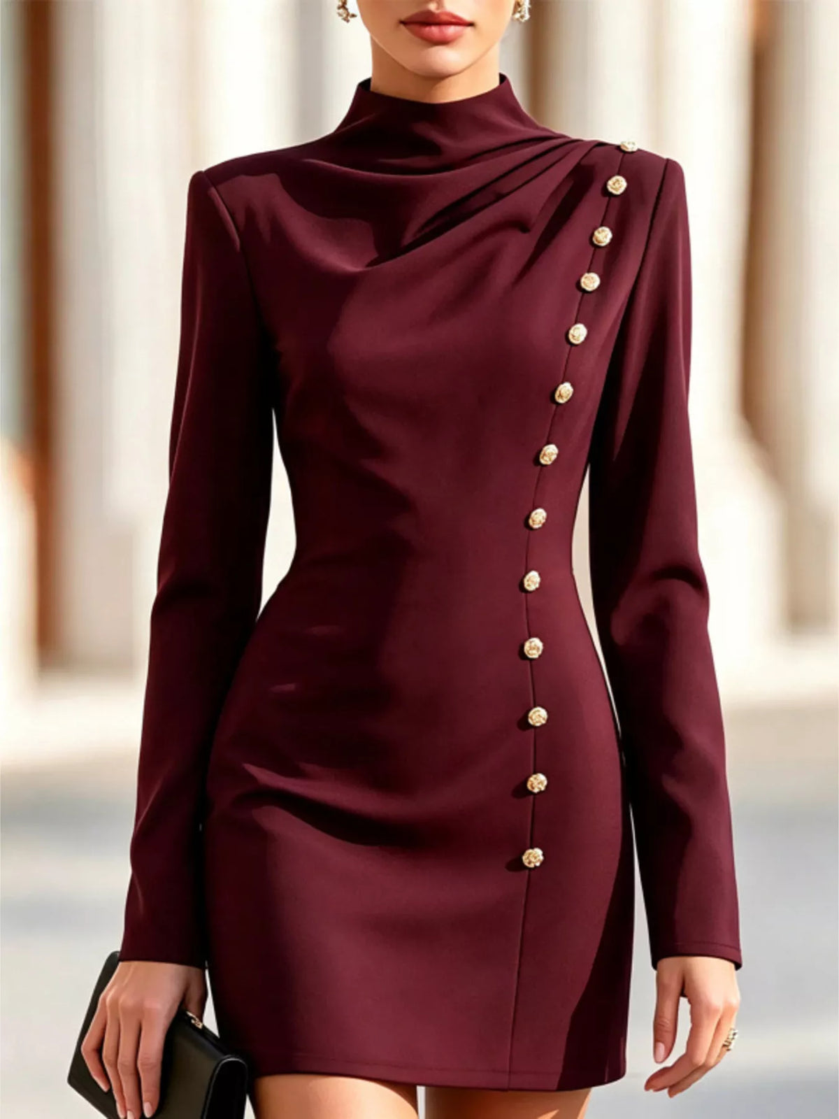 Mock-neck button-detail bodycon mini dress in burgundy, front view