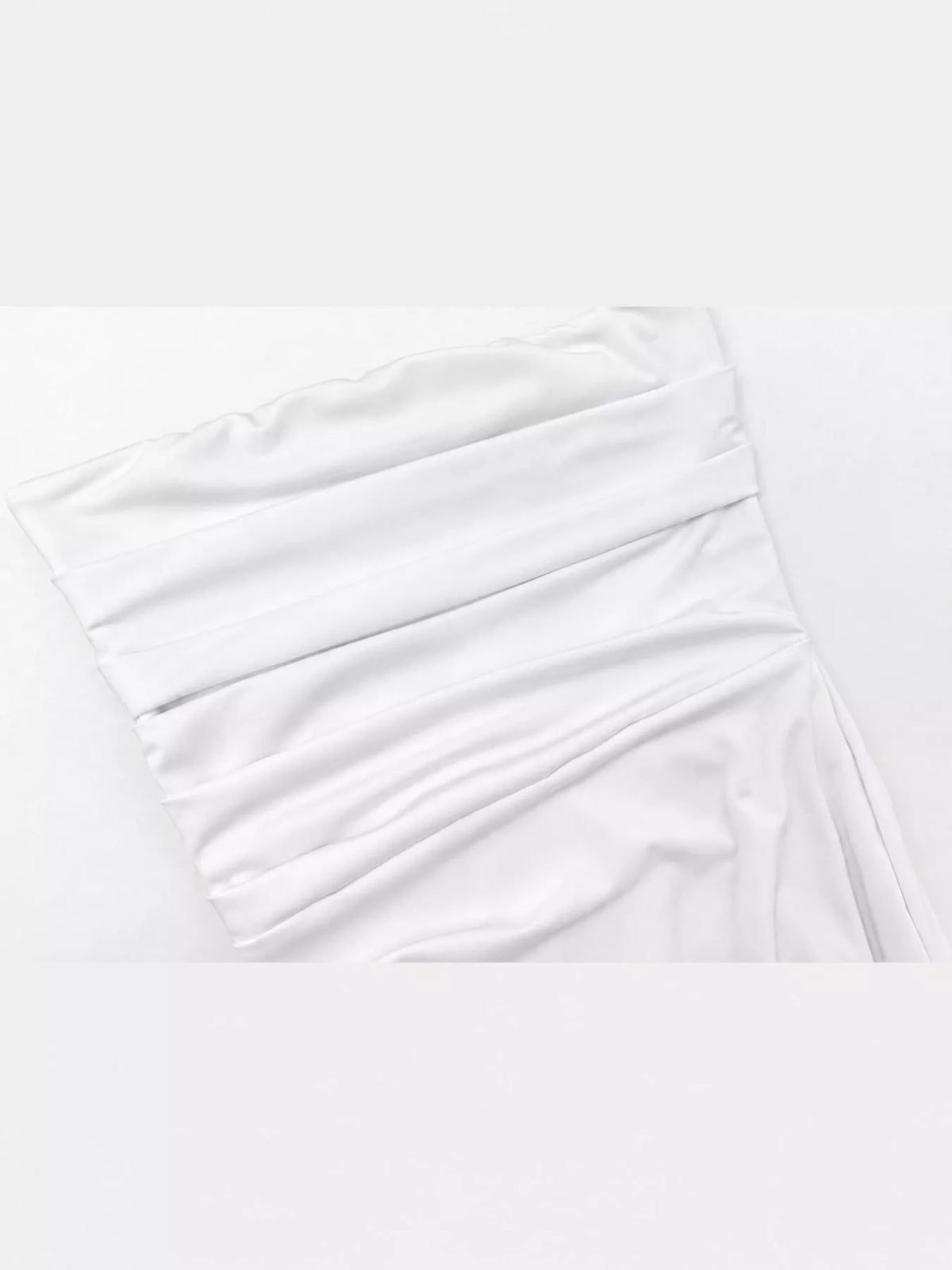 White strapless high slit bodycon maxi evening dress, detail view