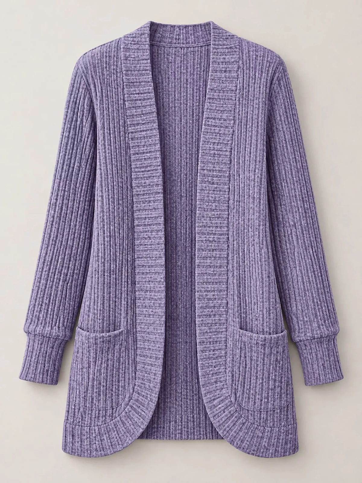 Purple ribbed open-front longline cardigan