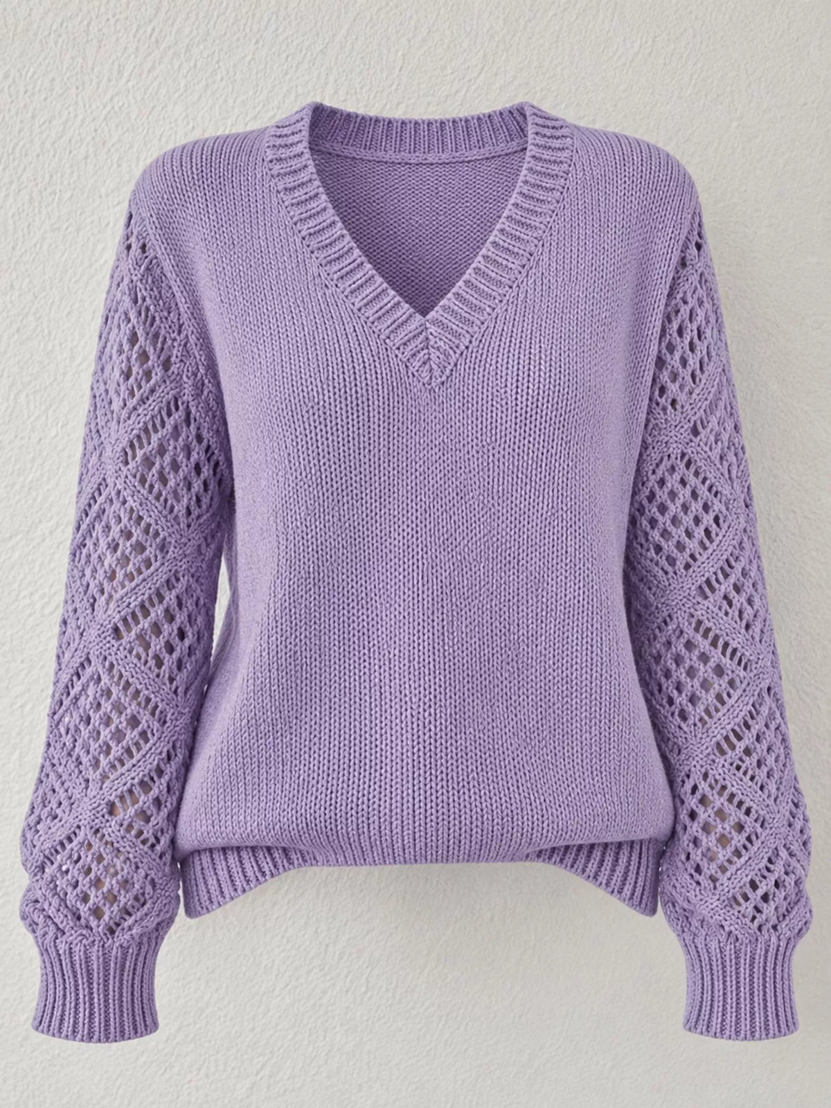 Purple v neck openwork long sleeve sweater, front view