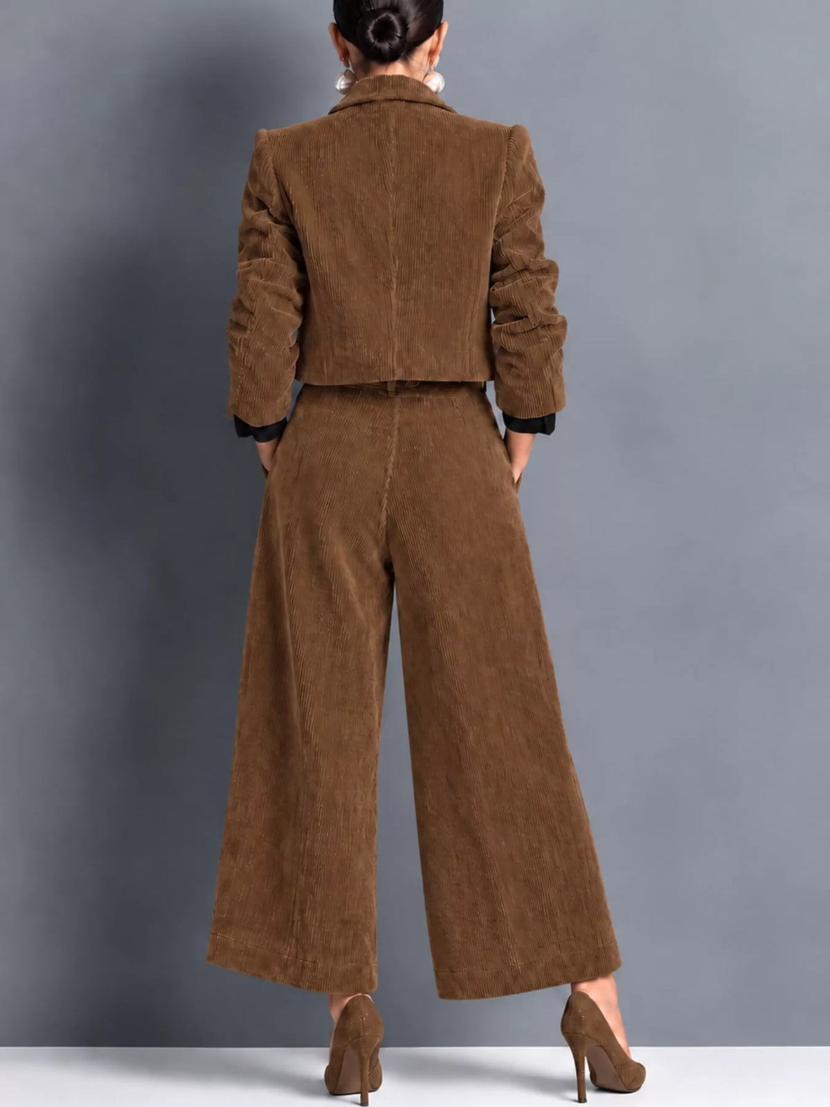 Corduroy Button Up Blazer and Pants Set, back view in brown