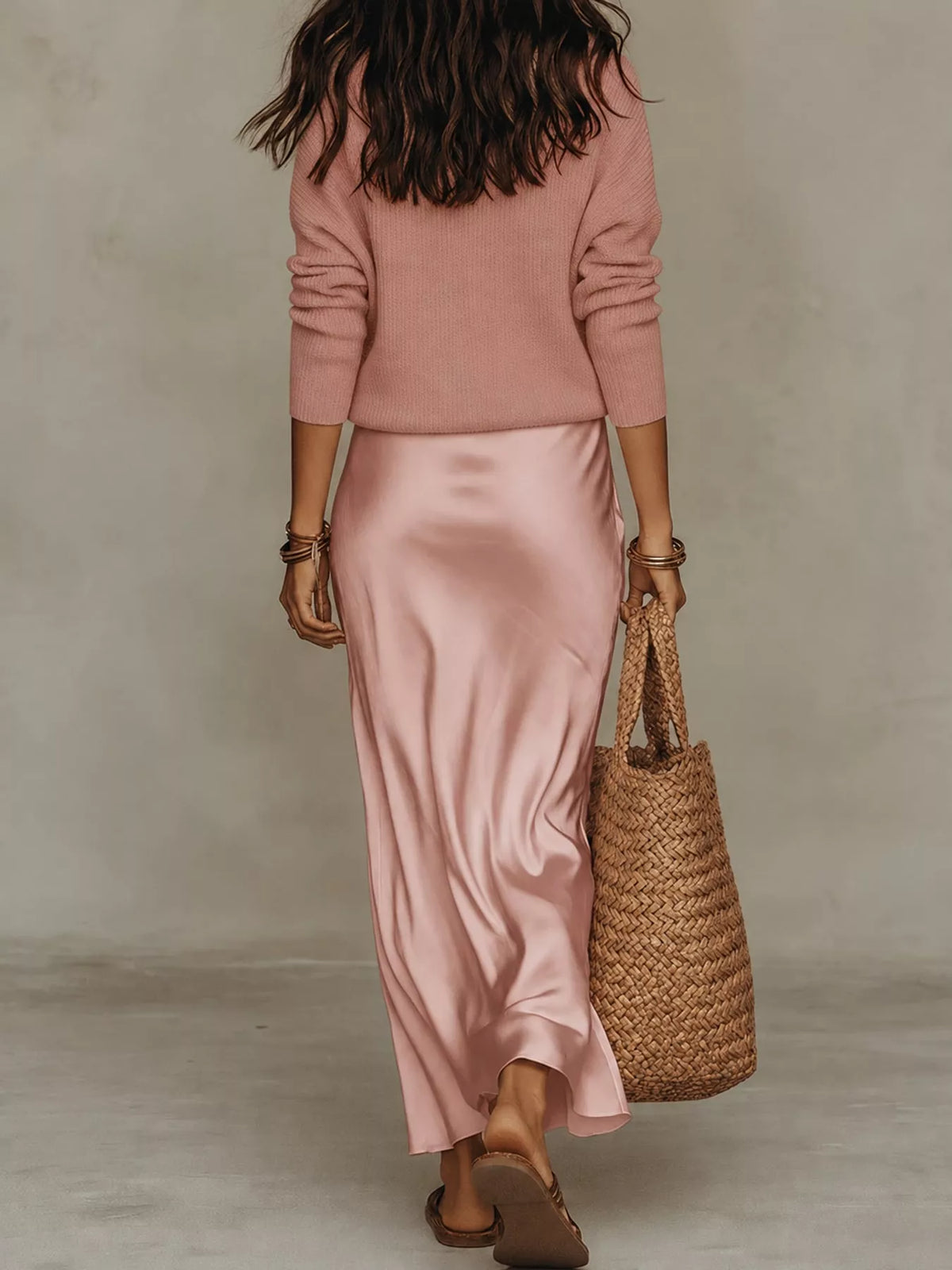 Pink-Set v-neck top and satin midi skirt set, back view