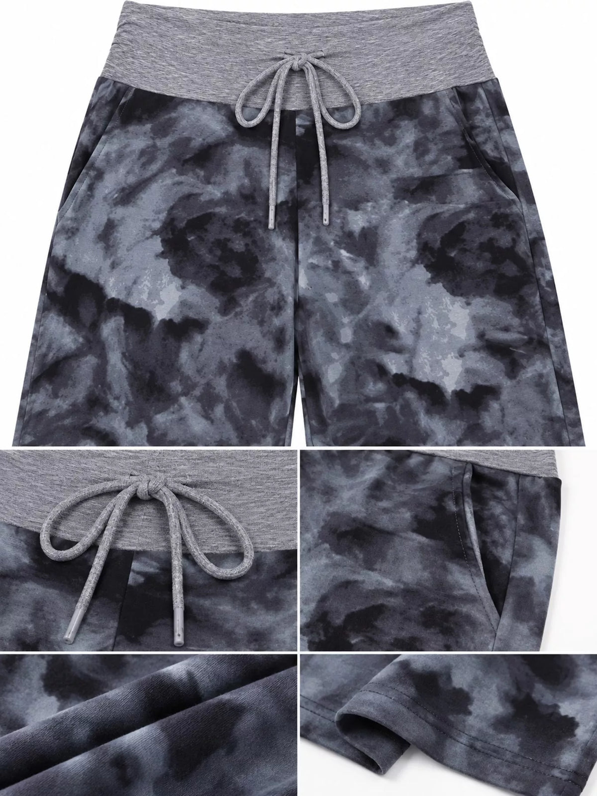 Wide-leg lounge pants, gray tie-dye waist and fabric details