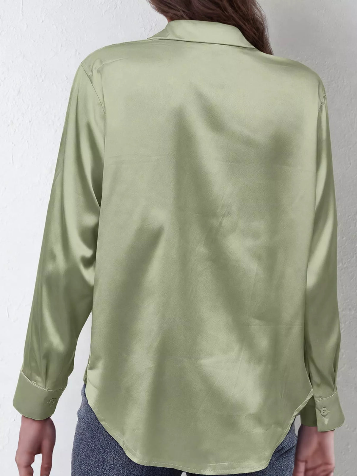 Light Green satin button-down long sleeve shirt, back view