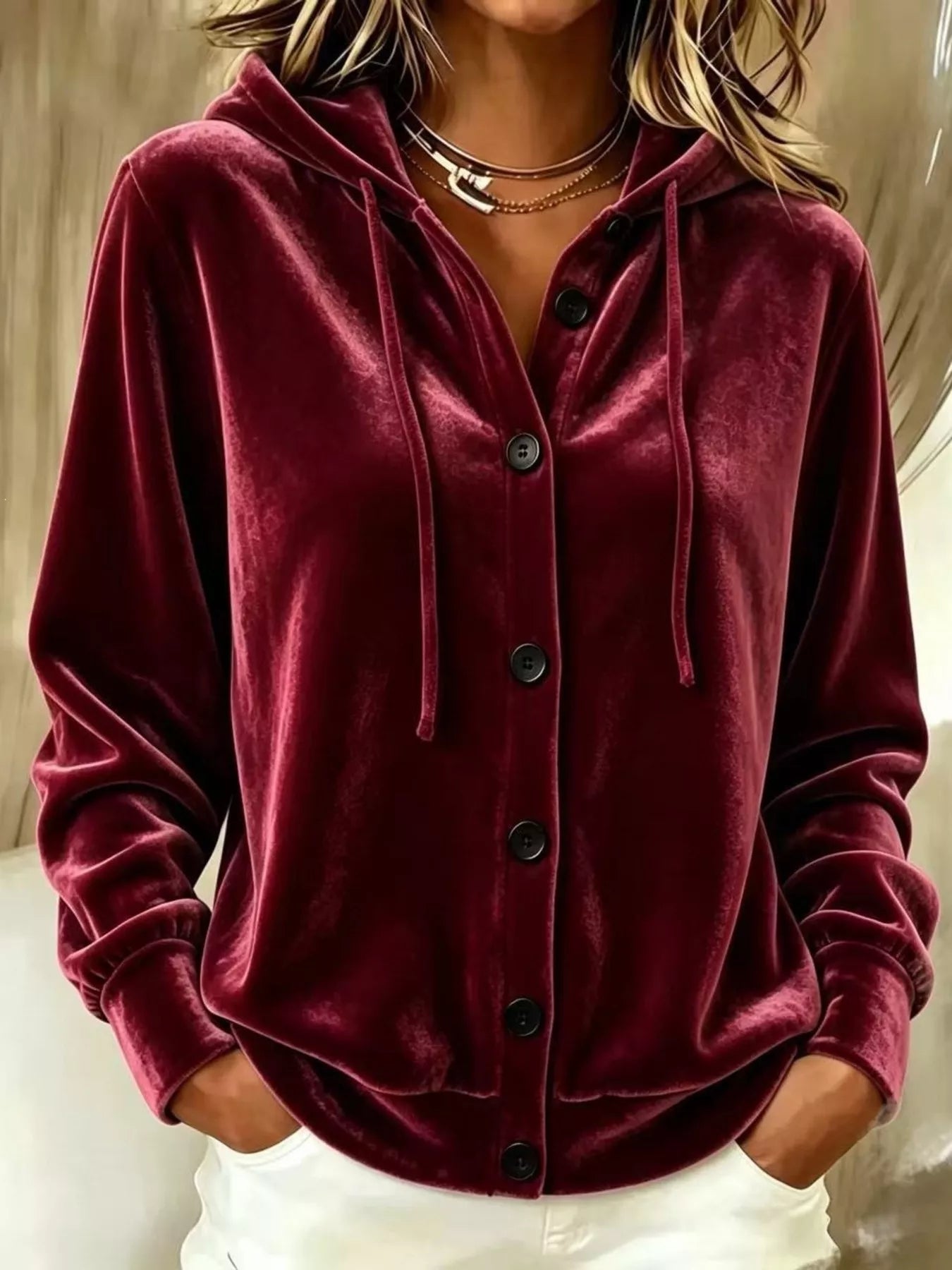 Trendsi Full Size Velvet Button-Down Hooded Outerwear Plus Size -