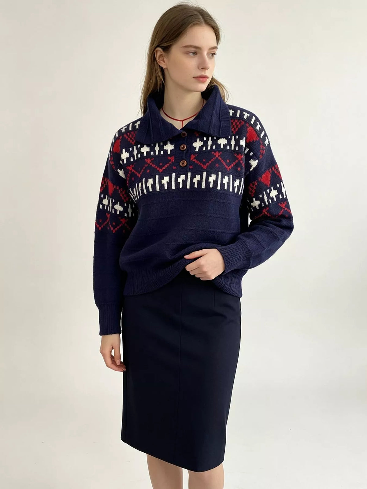 Navy fair isle polo-collar sweater, full-length styled view.