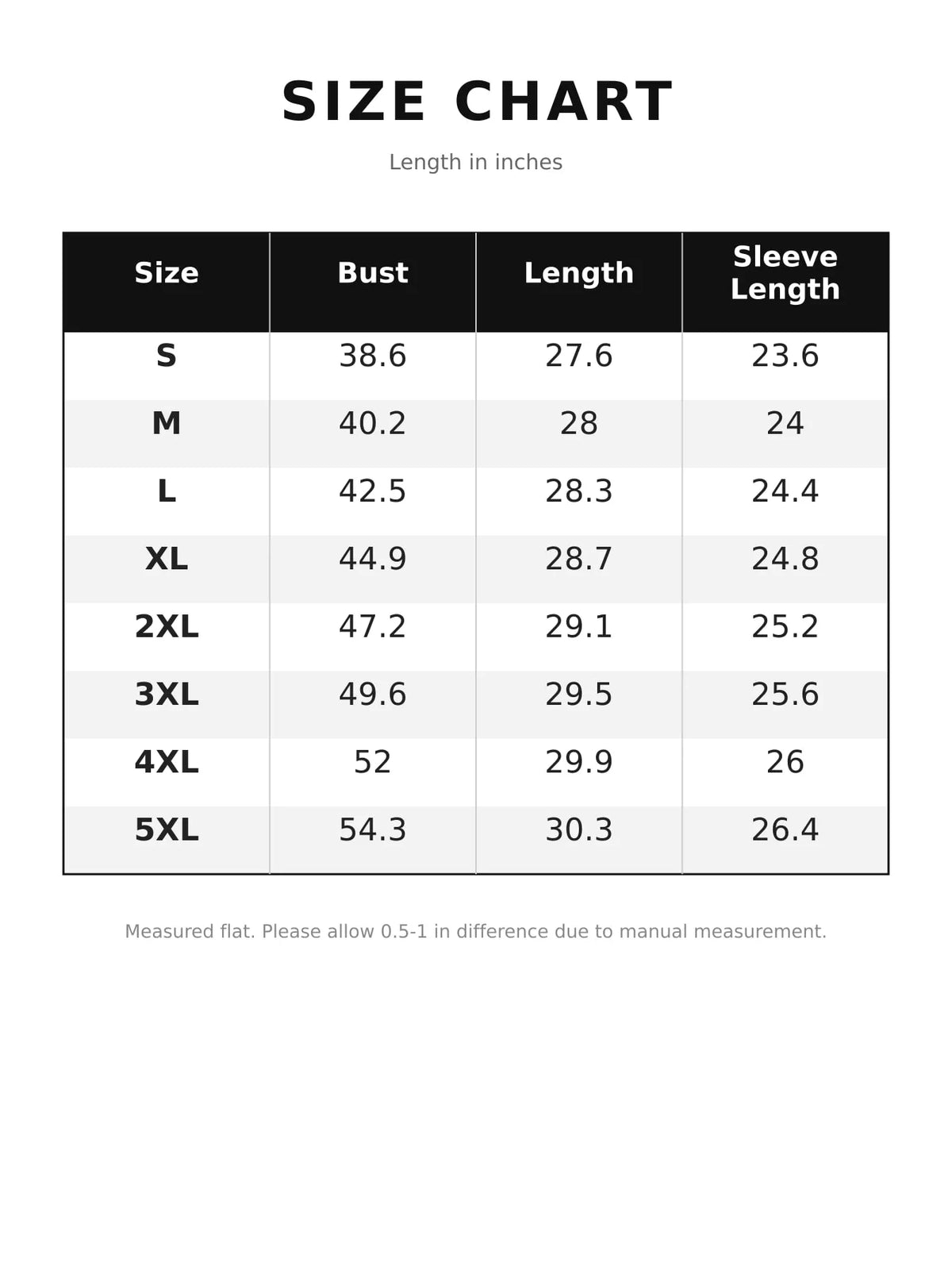 Size chart for hooded zip-up jacket