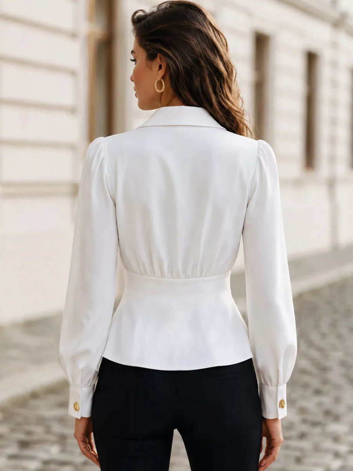 Double-breasted peplum blouse in white, back view