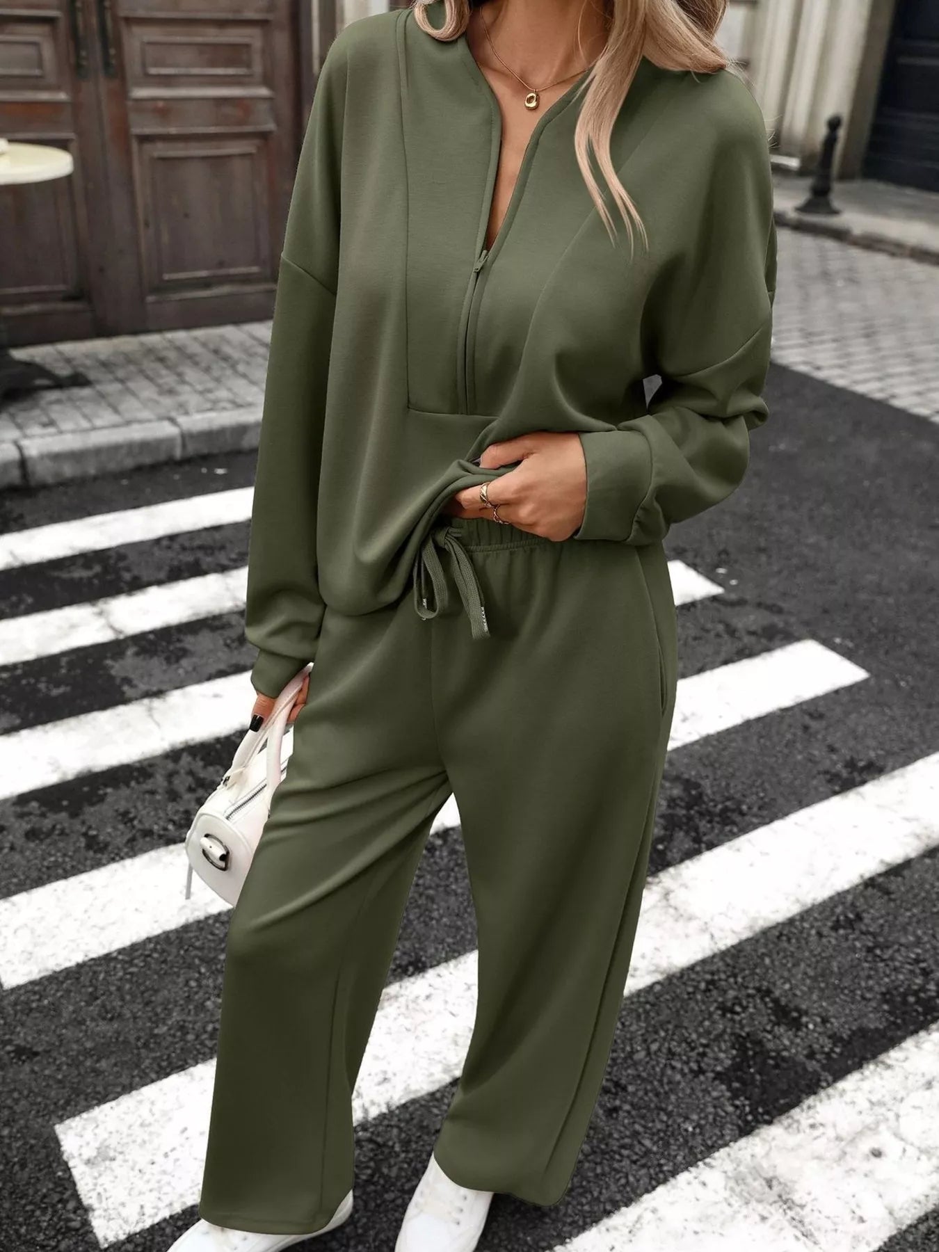 Trendsi Half Zip Sweatshirt and Wide-Leg Pants Set -