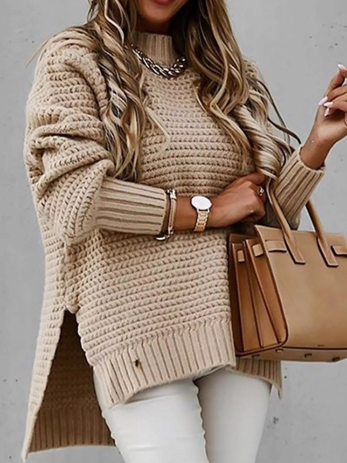 Round neck long sleeve sweater, front view on model