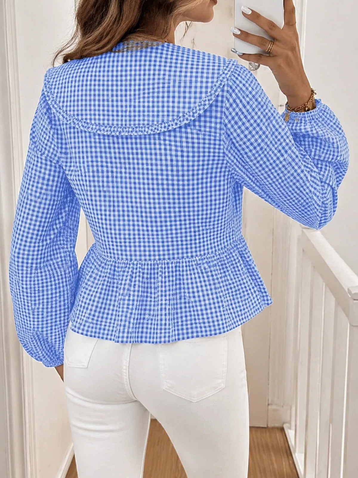 Blue and white gingham tie-front peplum blouse, back view