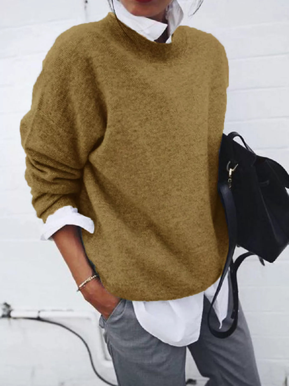 Taupe Round Neck Long Sleeve Sweater front view