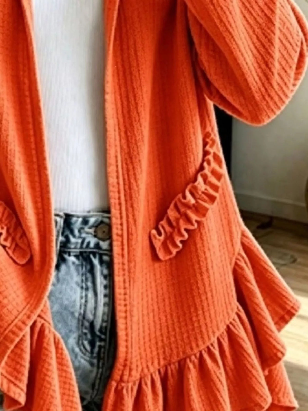 Ruffle Hem Zip-Up Hooded Jacket — construction details