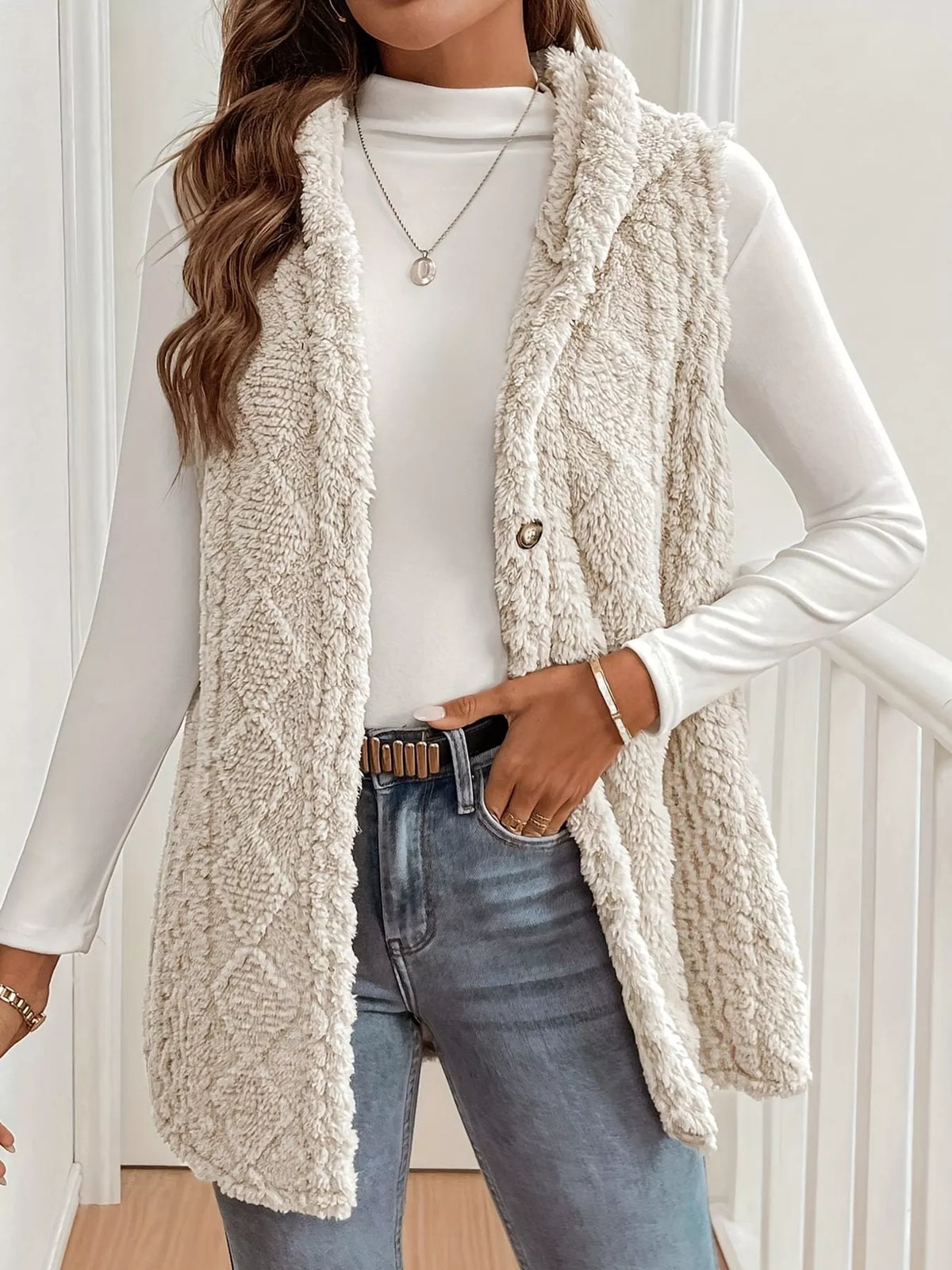 Hooded Sherpa Vest Coat in cream