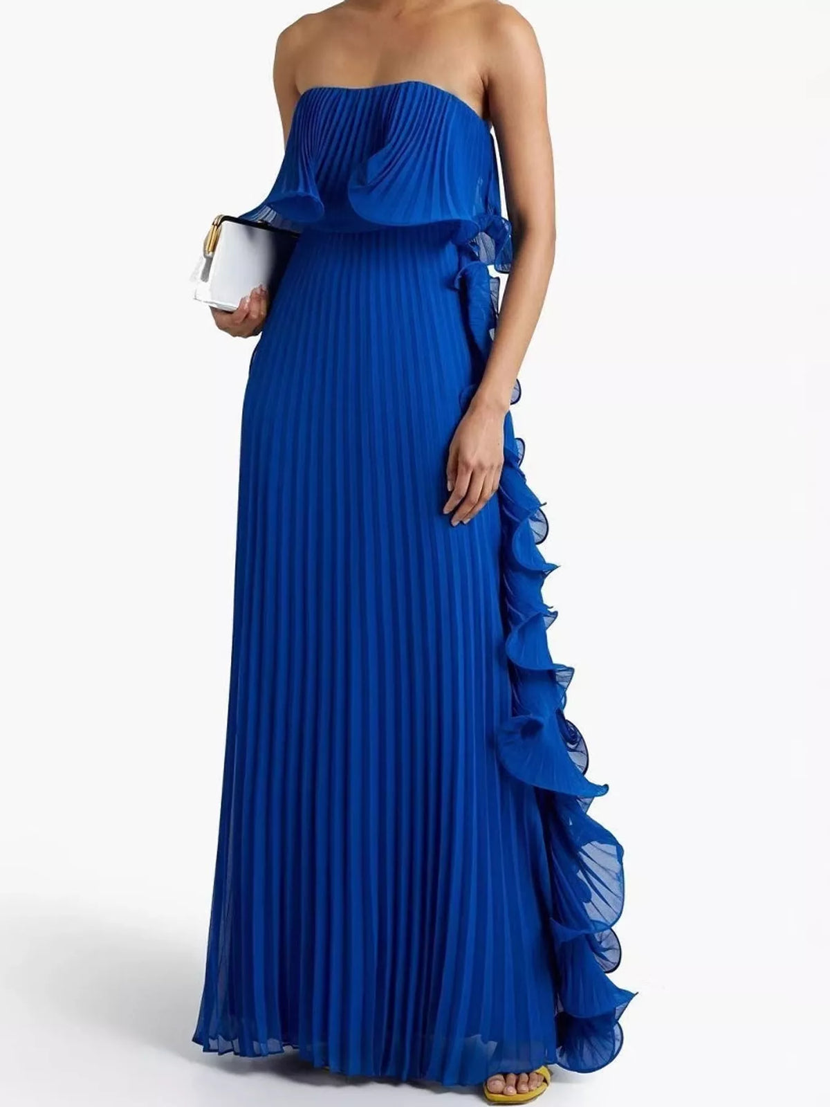 Ruffled Strapless Pleated Maxi Dress — front view
