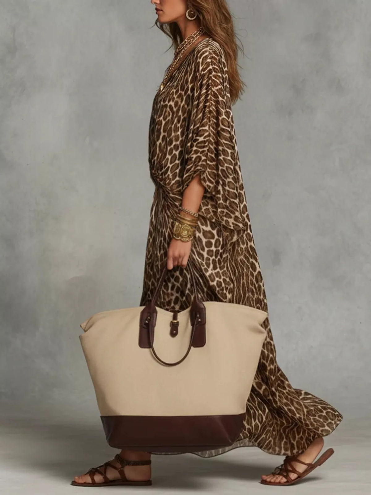 Brown Leopard Print Twisted V-Neck Maxi Dress side view