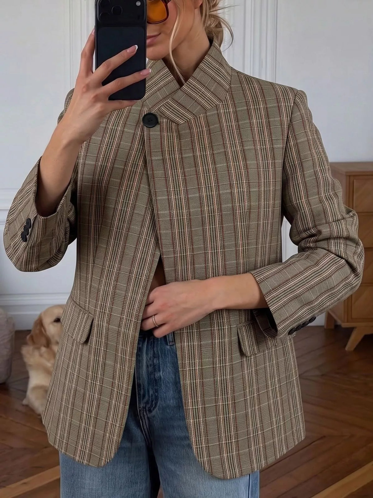 Mocha plaid single-button blazer