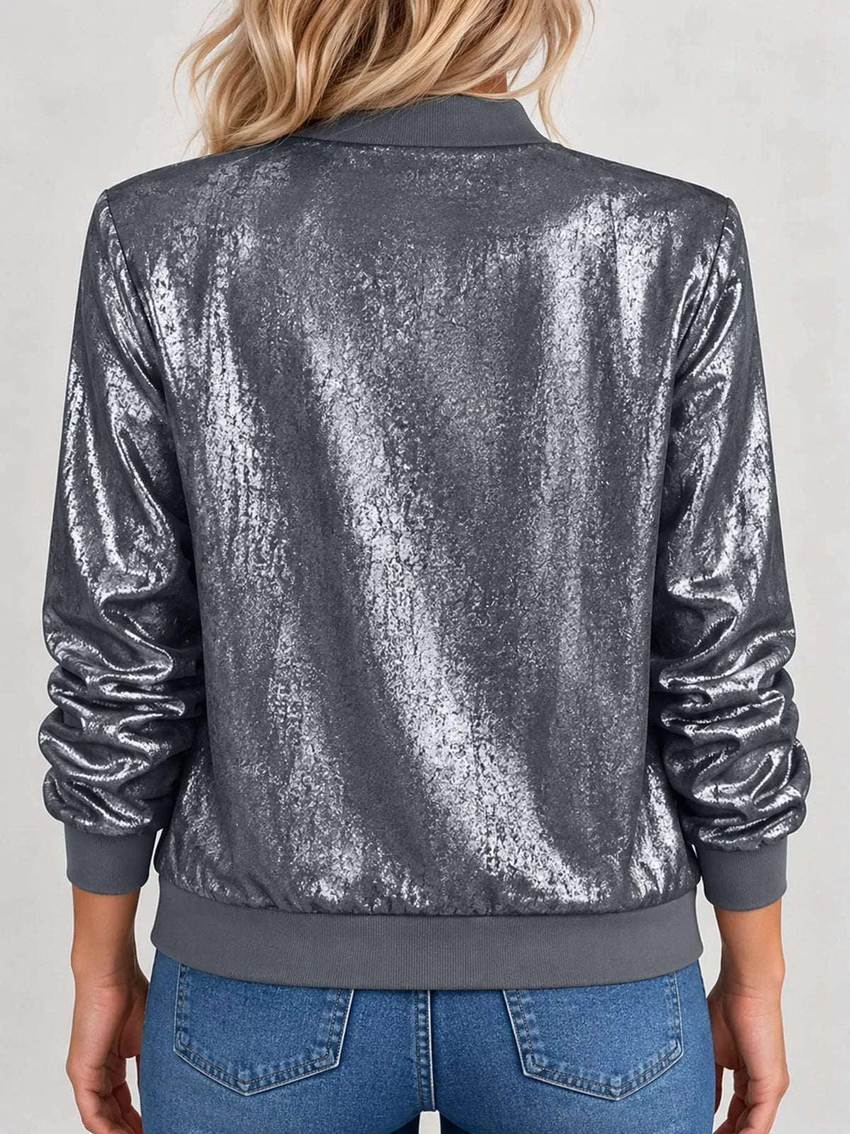 Zip-up bomber jacket, gray metallic back