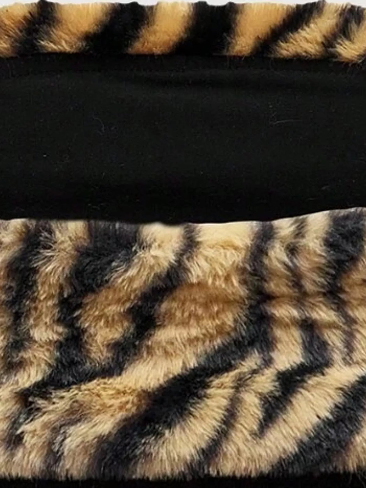 Black with brown-and-black tiger trim animal print faux fur trim tube top, detail view