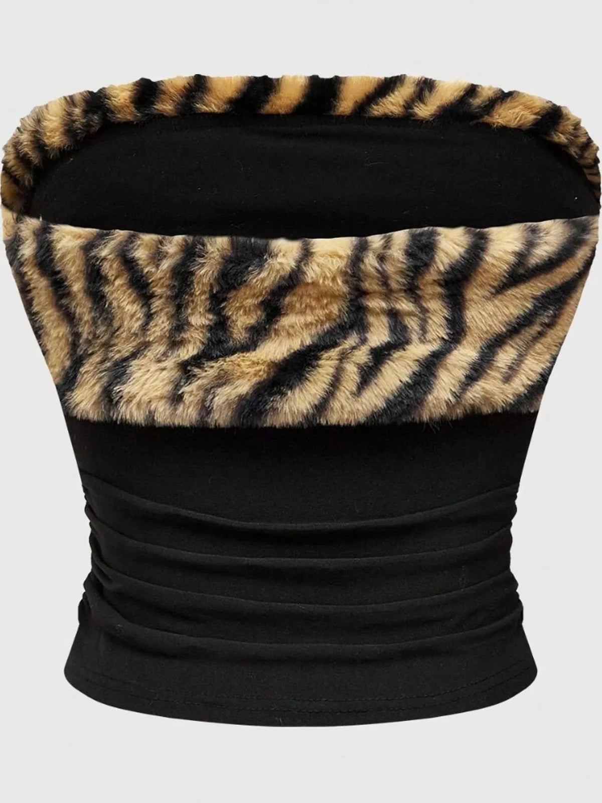 Black with brown-and-black tiger trim animal print faux fur trim tube top, front view