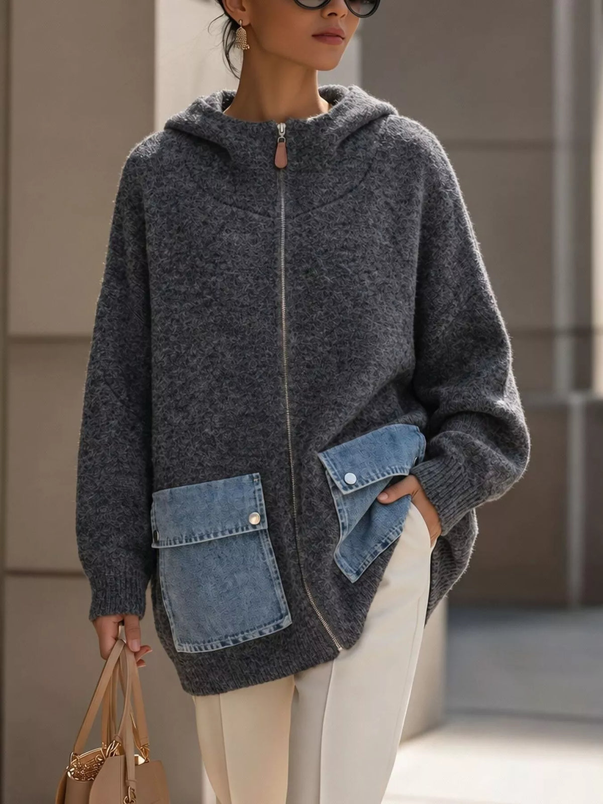 Dark Gray Contrast Denim Pockets Hooded Cardigan front view