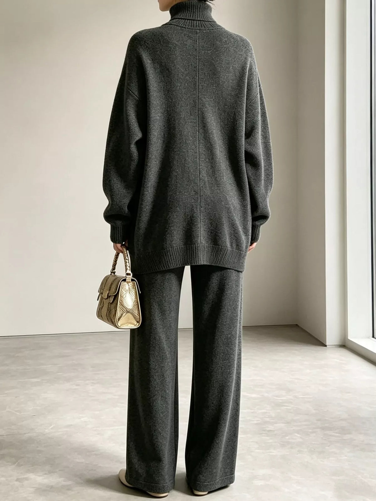 Dark Gray turtleneck long sleeve top and pants sweater set, back view