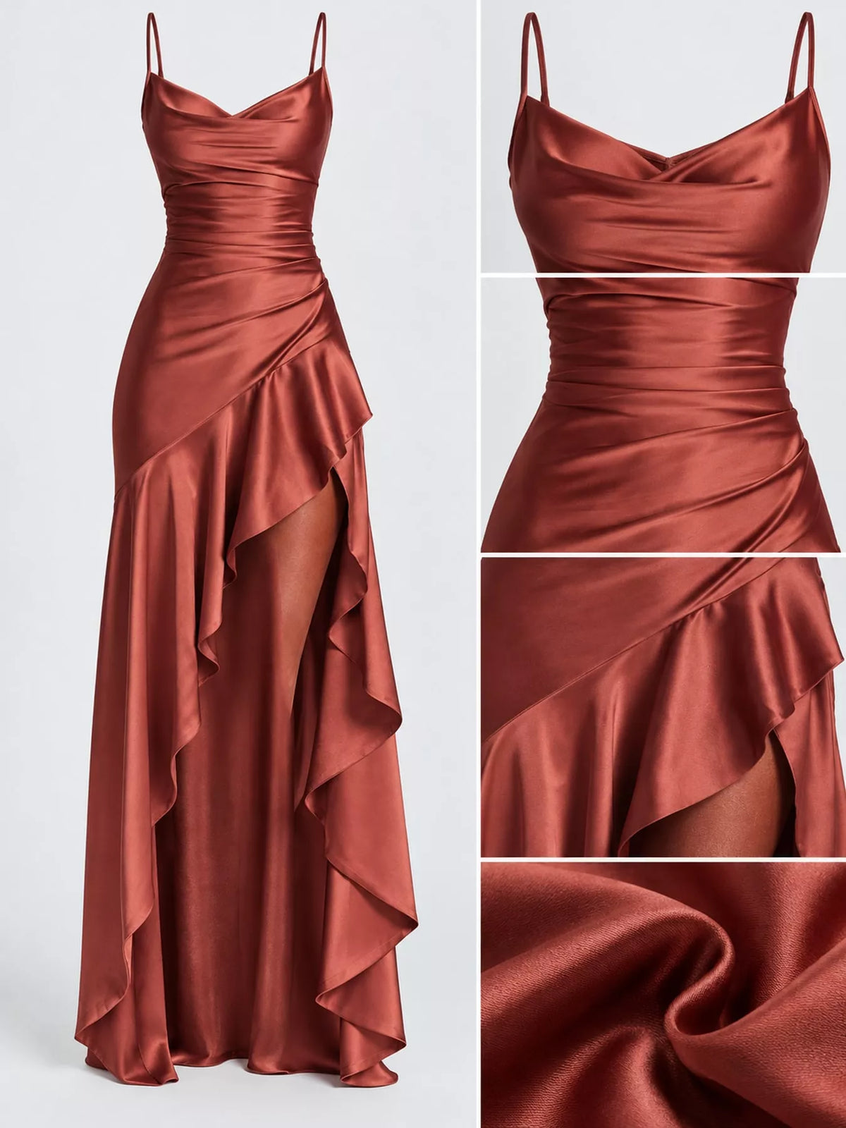Rust high-low ruffle-hem evening dress, bodice hem and back details