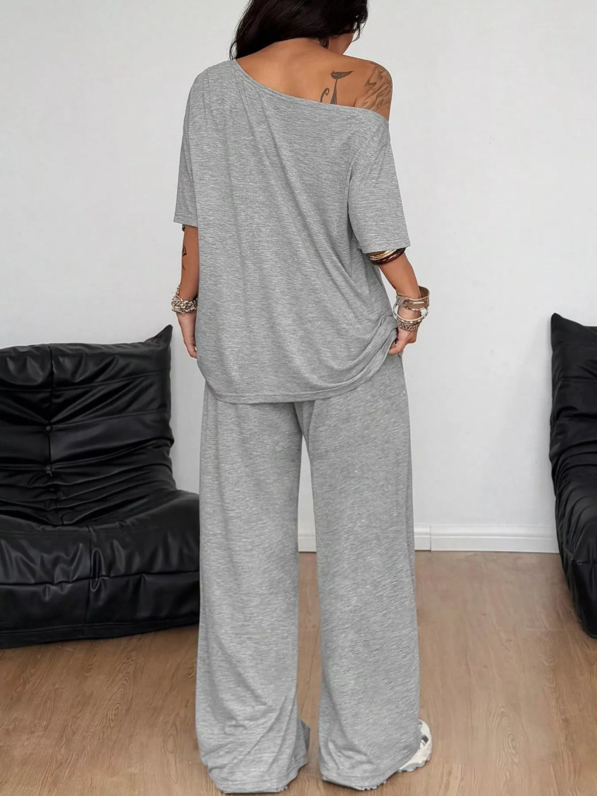 Gray boat neck top and wide-leg pants set — back view