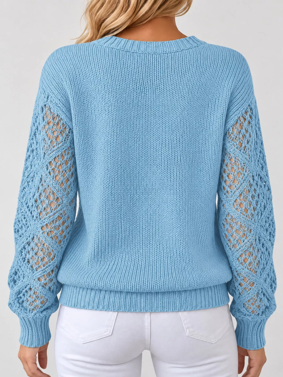 Light blue v neck openwork long sleeve sweater, back view