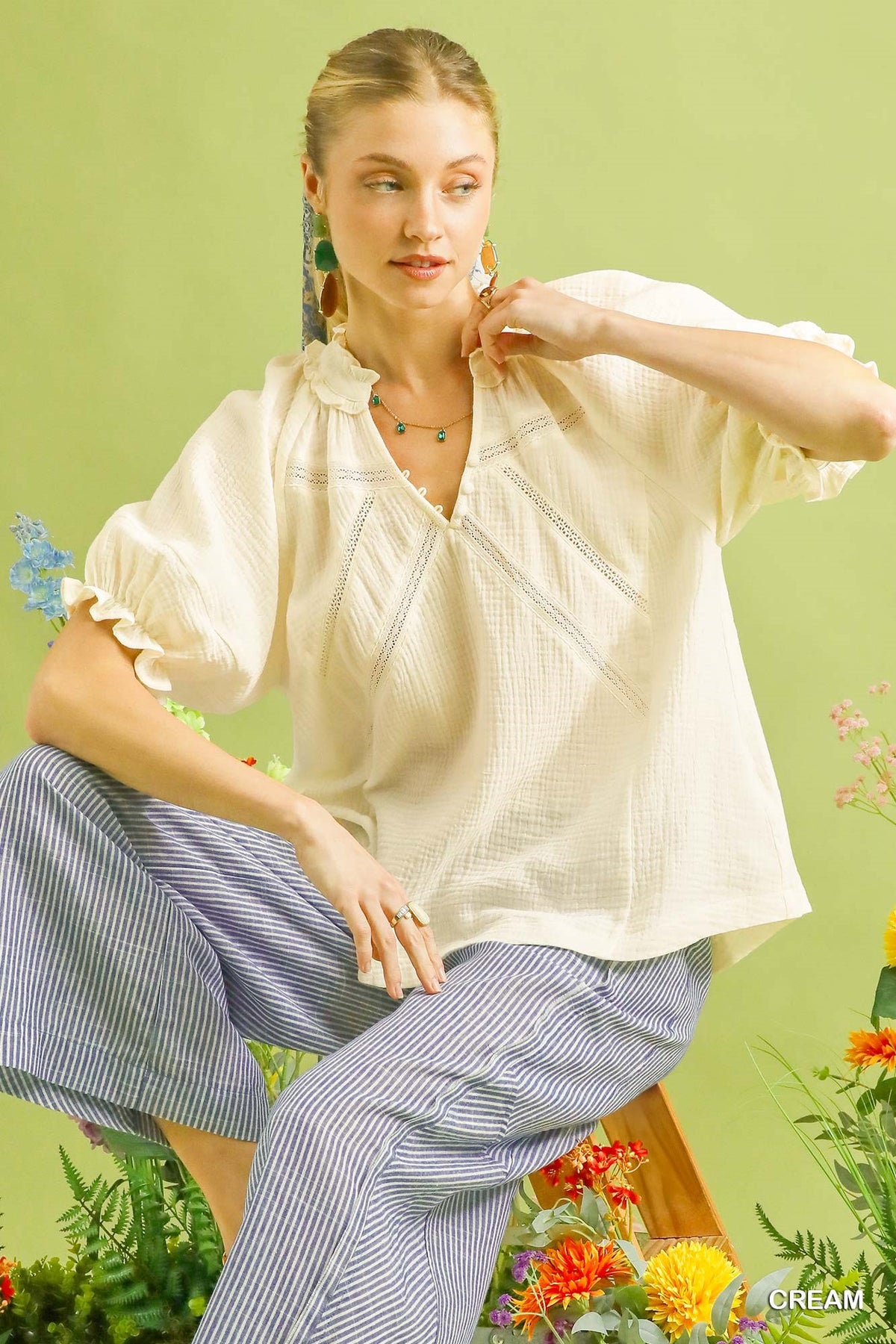 Women's Cotton Gauze V-Neck Ruffle Blouse With Lace Trim — product view 6