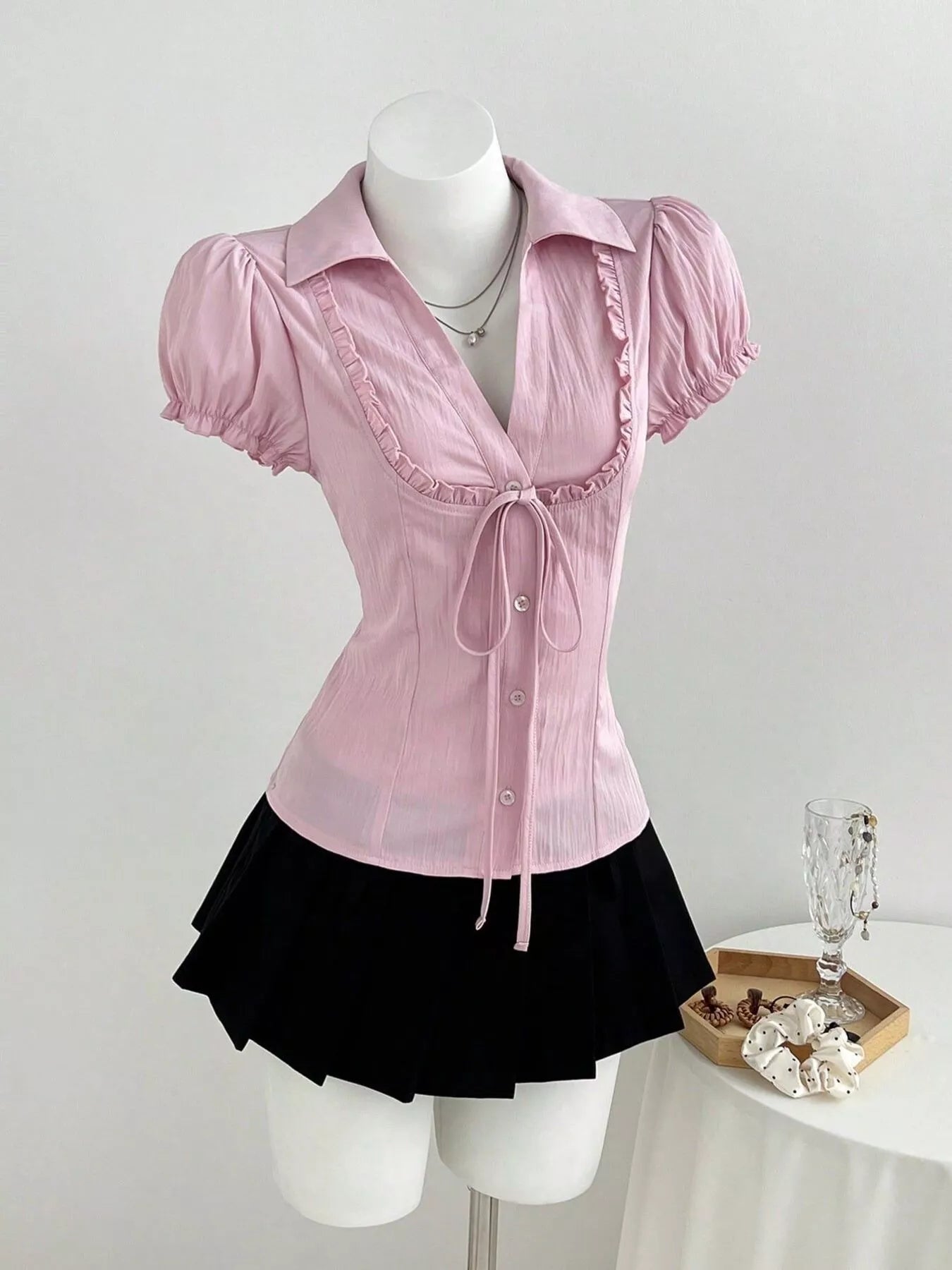Trendsi Frill Button Up Short Sleeve Shirt -