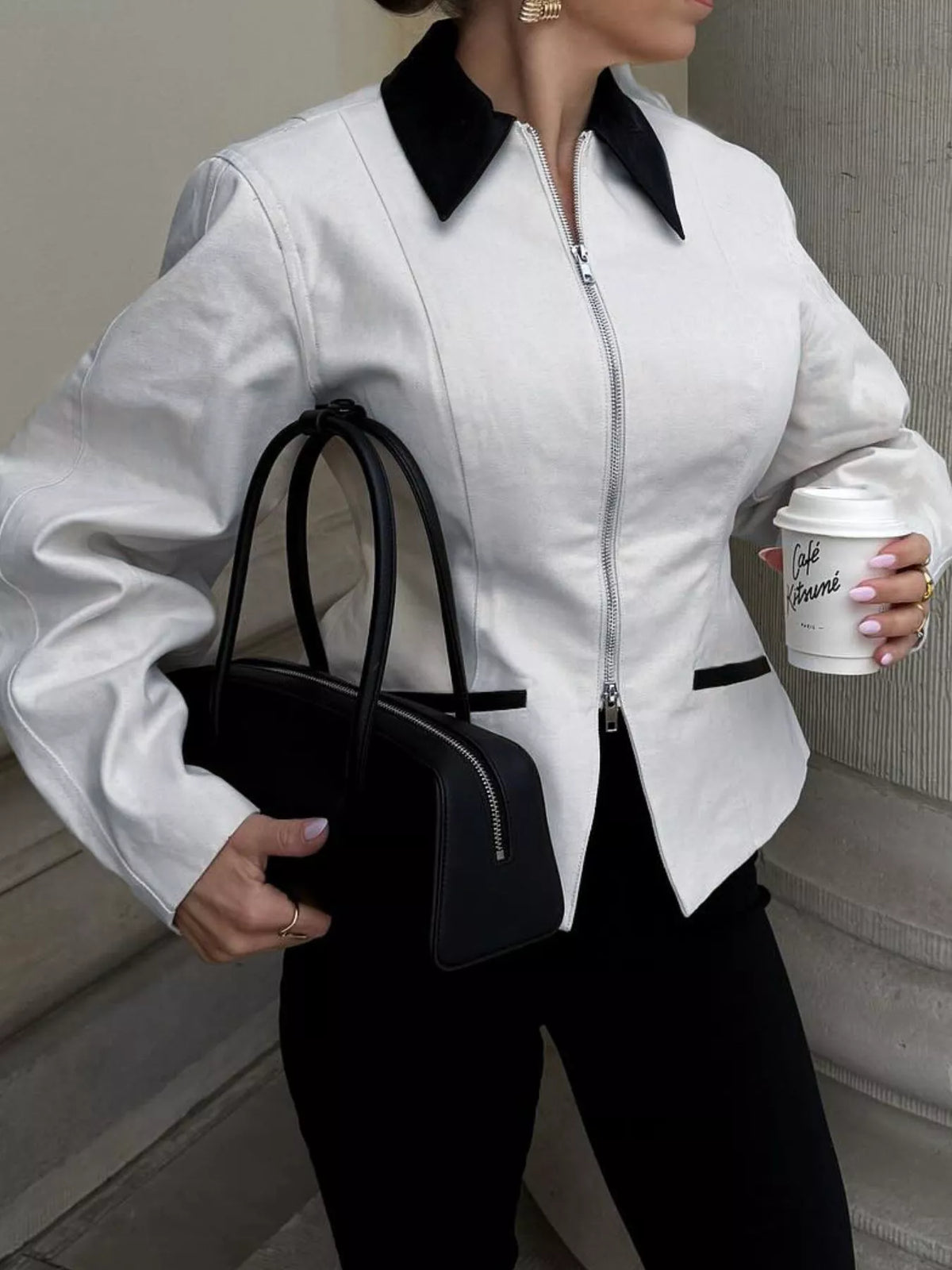 Trendsi Contrast Collar Zip-Up Jacket -