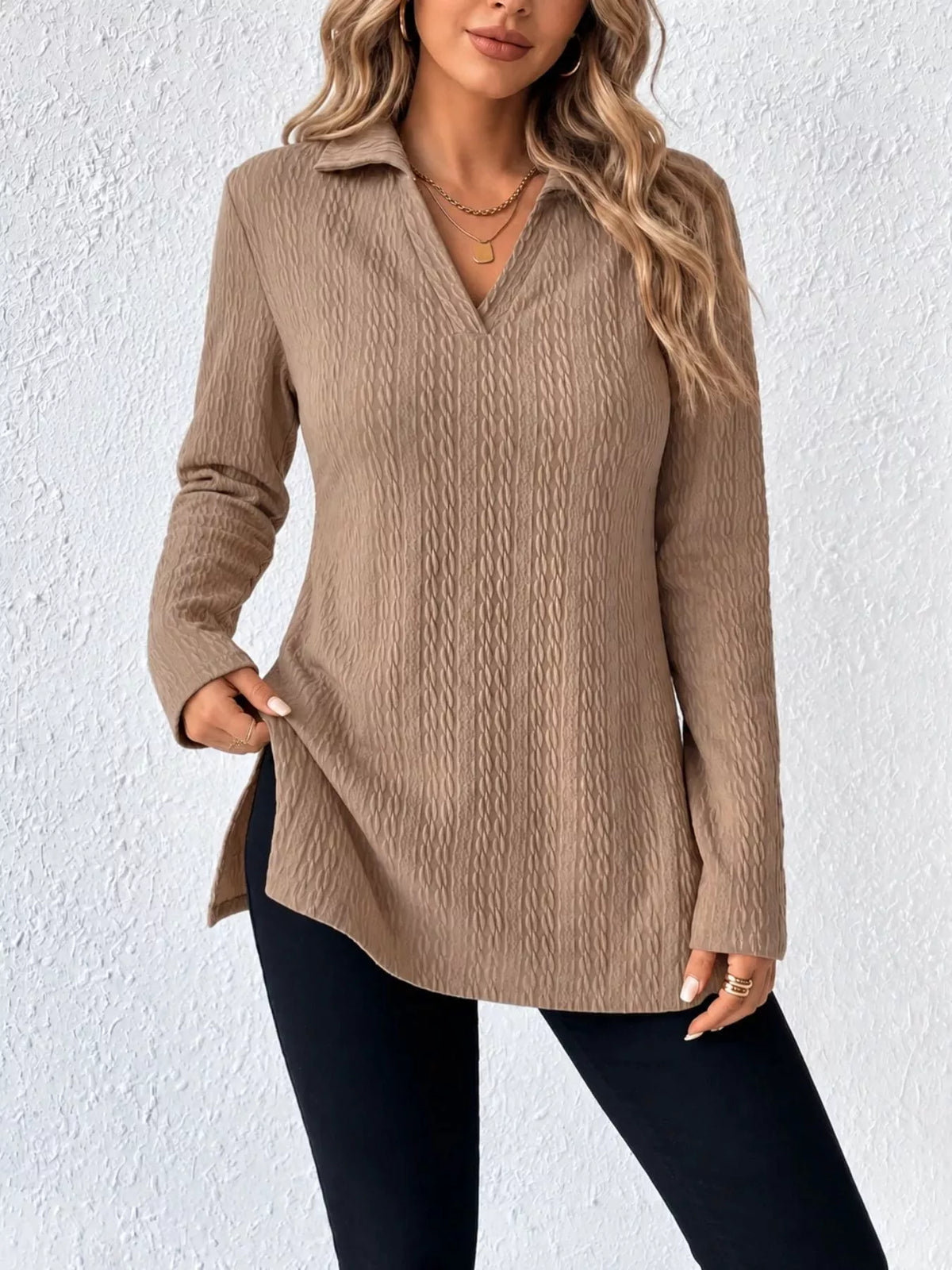 Textured V-Neck Long Sleeve Top with Side Slit in mocha