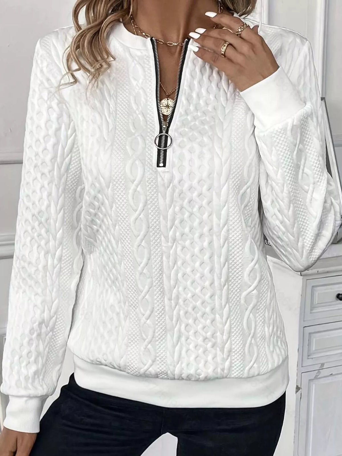 Quarter-Zip Cable Knit Sweatshirt — front view