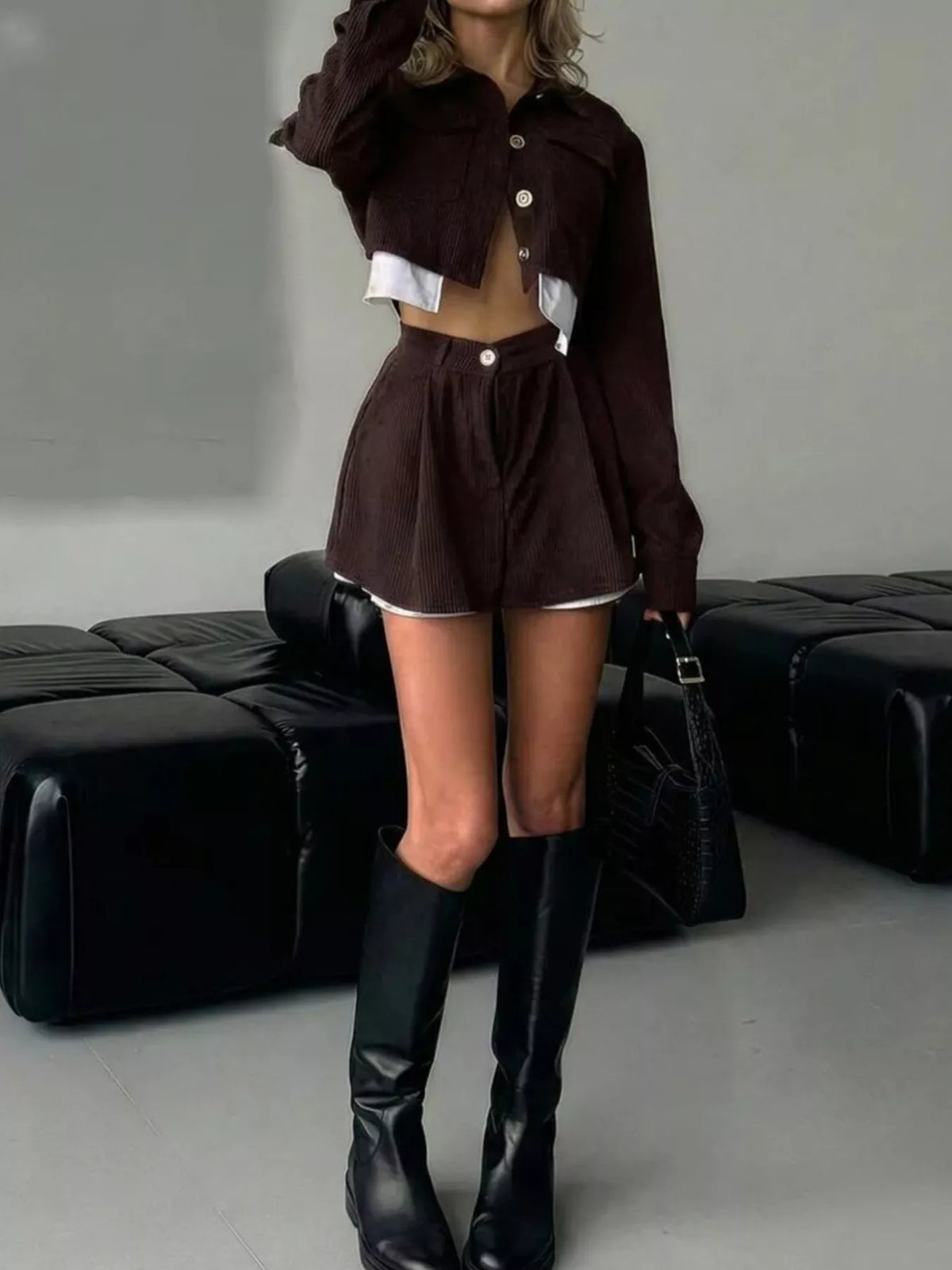 Trendsi Button Up Cropped Jacket and Mini Skirt Set -