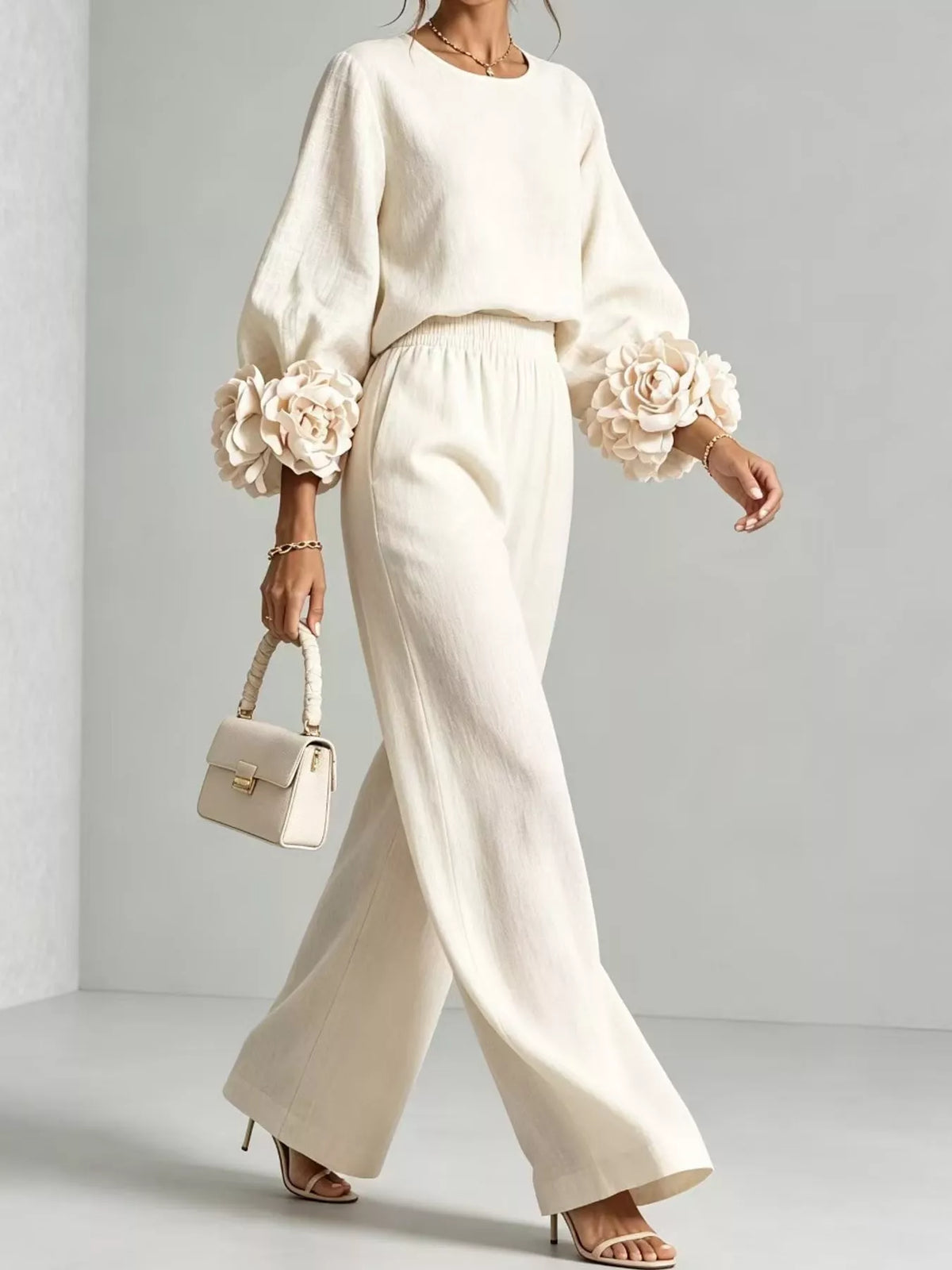 Floral Sleeve Embellishments Top and Pants Set — front view