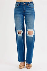 Trendsi RISEN Full Size Mid Waist Fit Boyfriend Knee Distressed Jeans Plus Size -