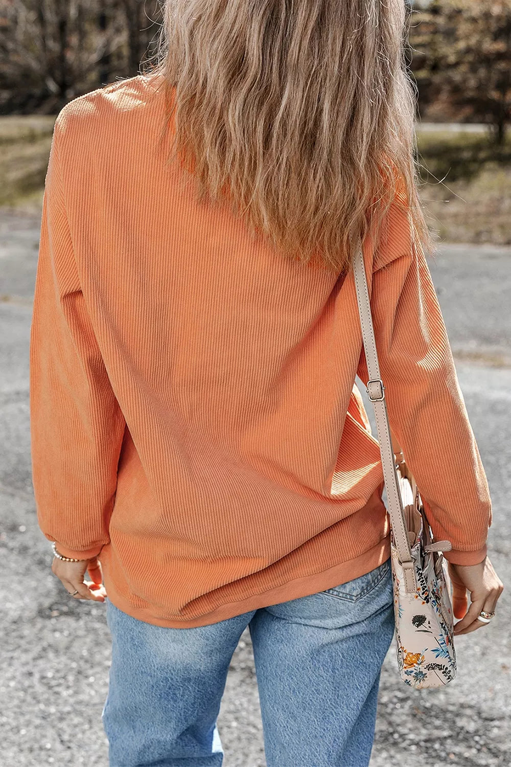 Trendsi Patchwork Pumpkin Graphic Corded Ribbed Round Neck Tunic Sweatshirt -