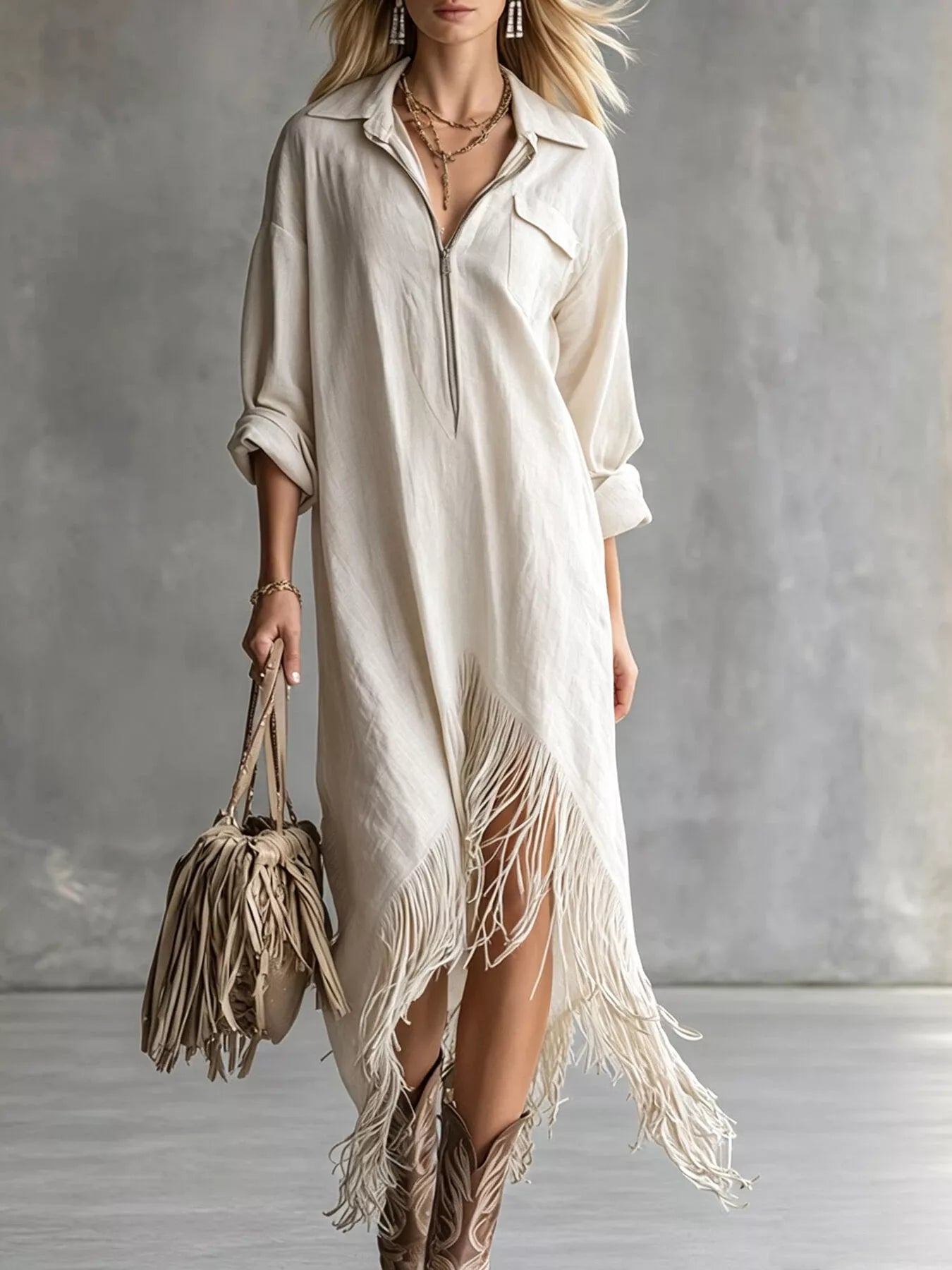Trendsi Fringe Hem Zip-Up Shirt Dress -