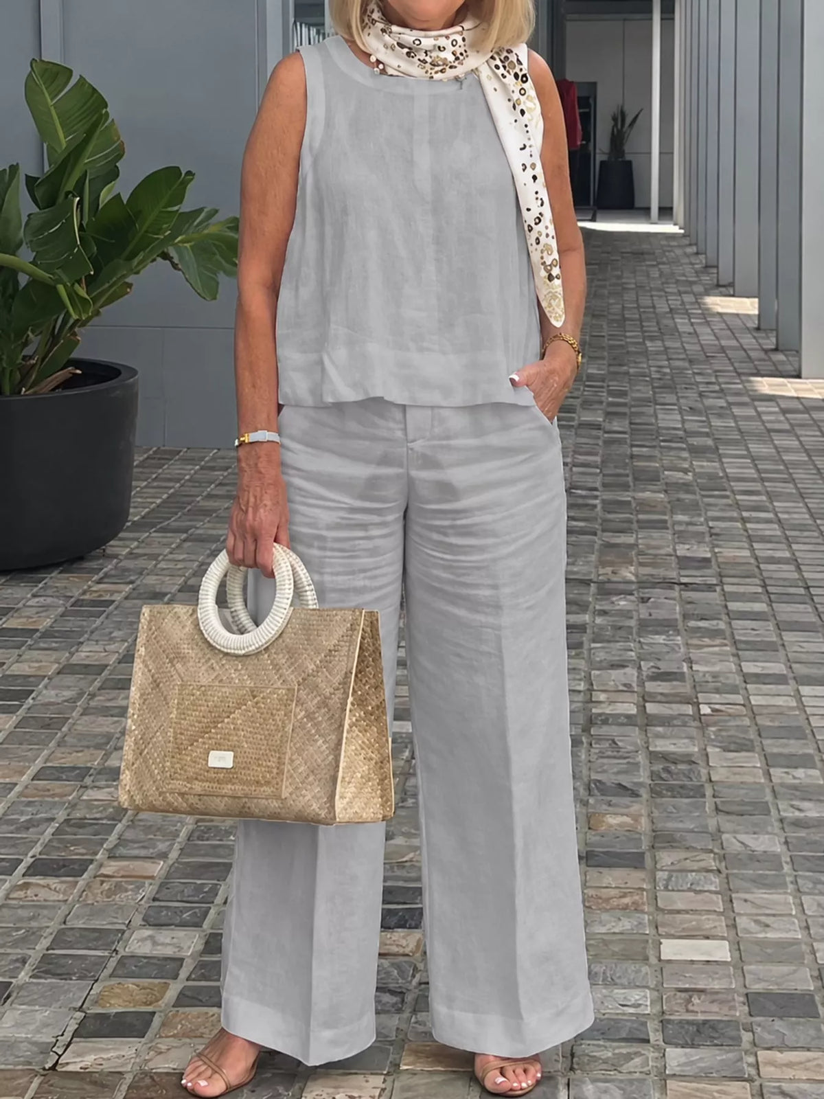 Sleeveless Top and Wide-Leg Pants Set — front view