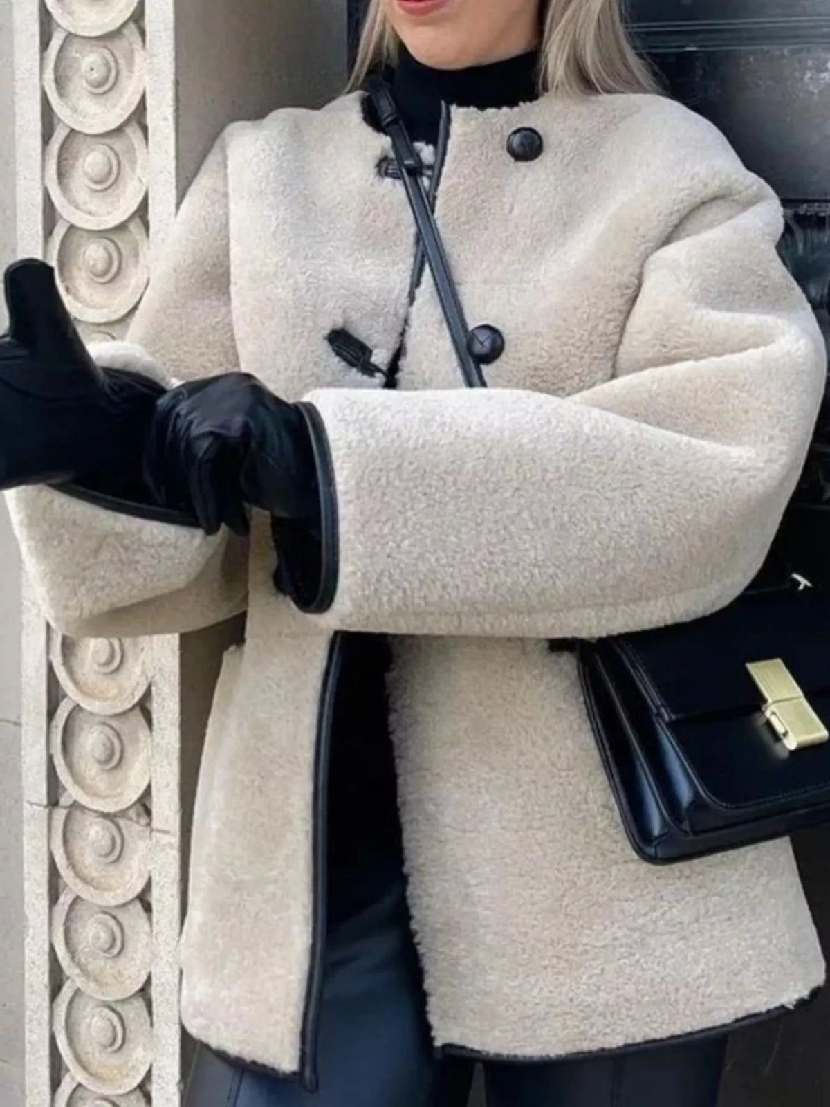 Beige faux shearling toggle coat, front view